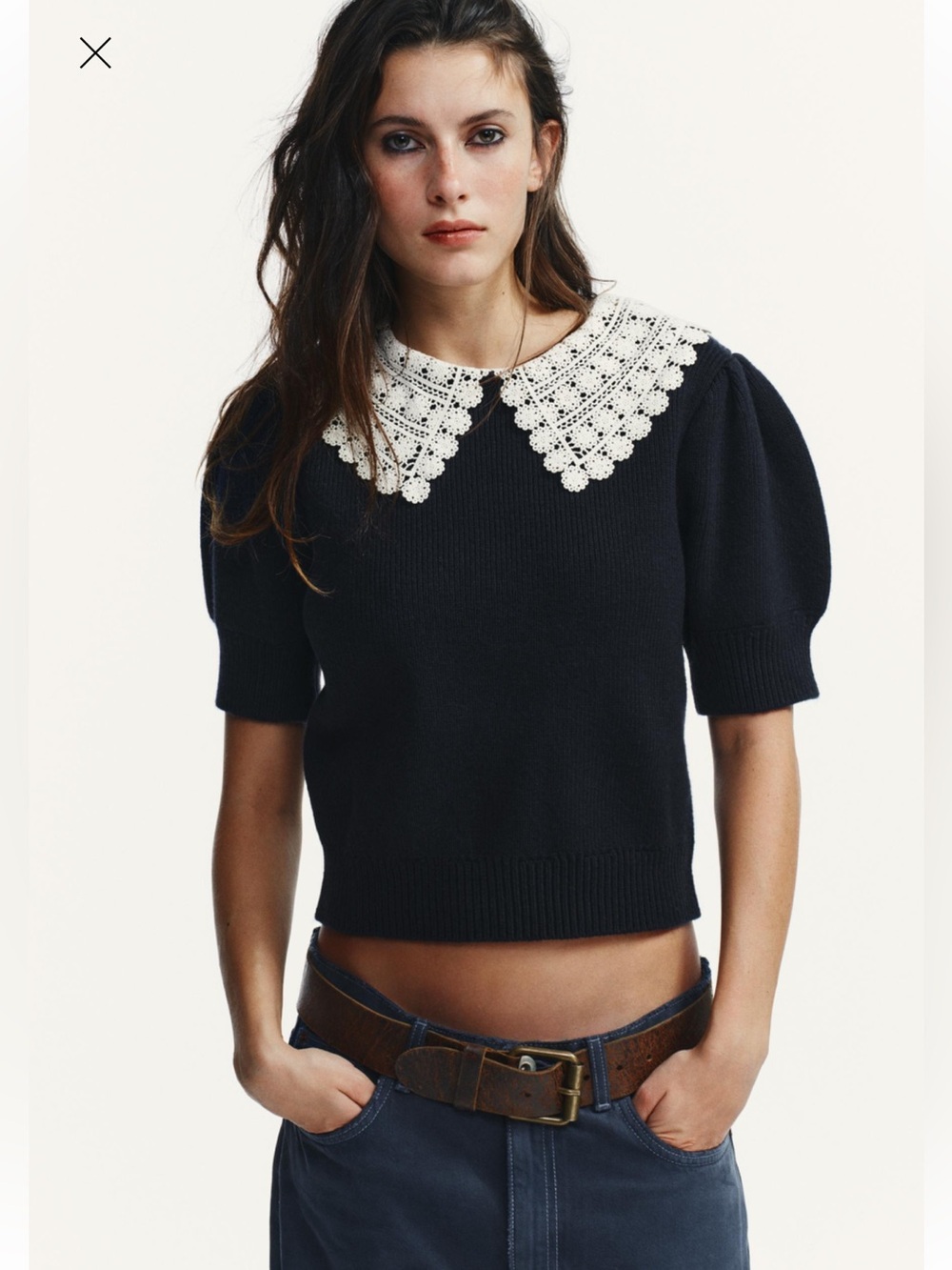 Zara Wool Sweater Medium Peter Pan Collar Jumper Knit Navy Blue Coquette Top B7
